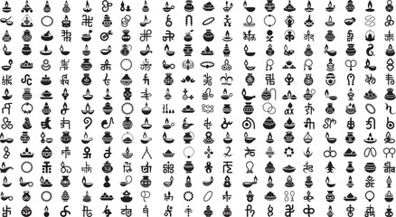 Fototapeta premium Diwali festival icons and symbols collection with lamps and indian characters on white background