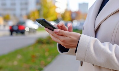 コート姿でスマホ操作