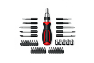 Comprehensive screwdriver set aerial view for workshop design or tool organization concepts