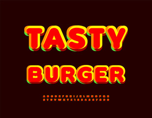 Obraz premium Vector Gourmet flyer Burger Burger. Bright Colorful Font. Artistic Alphabet Letters and Numbers set.