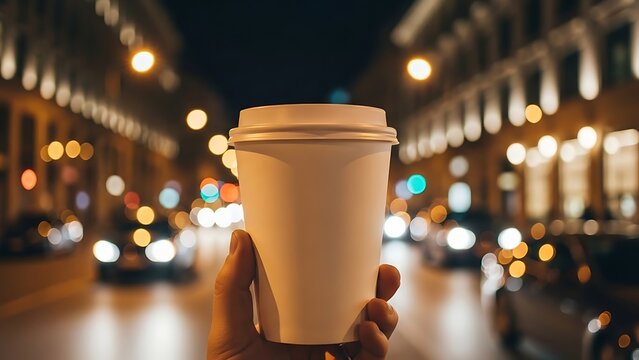 Hand holding a disposable coffee cup on a city street at night with blurred lights and buildings - Powered by Adobe