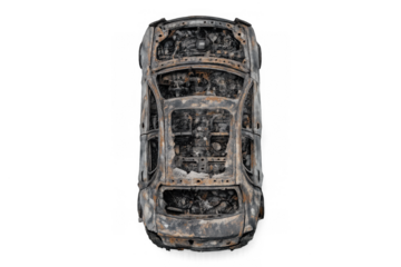 Top view of burned vehicle wreck for automotive design concepts and accident impact study