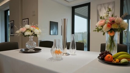Elegant dining arrangement with floral centerpieces and fresh fruit displays on white table