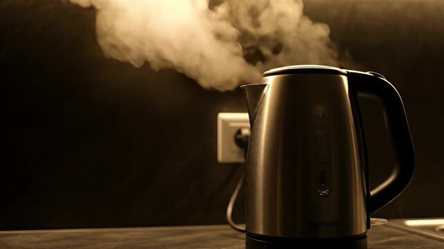 Electric kettle boiling water on a kitchen counter.