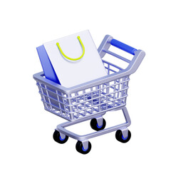 3D icon of a metal shopping cart with a paper bag For retail shopping, e-commerce checkout, grocery store, and consumer purchase. © Charcoal3d
