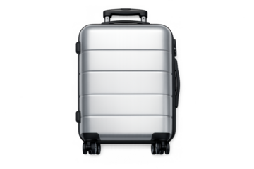 Sleek silver suitcase on wheels for travel and vacation design elements