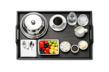 Elegant breakfast tray with fresh fruit and coffee for morning delight