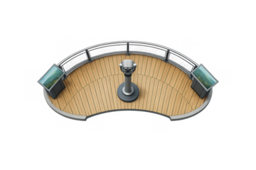 Curved observation deck with telescope and information displays for scenic viewing experiences