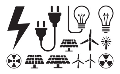 Obraz premium Set of black and white electric power and energy icons for renewable energy and electricity concepts