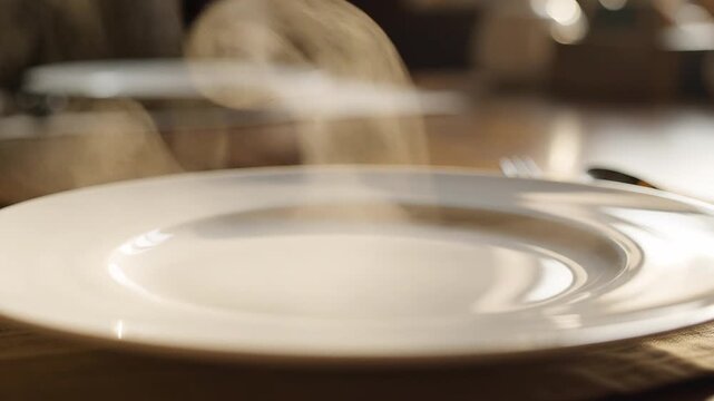 Elegant close-up shot of steaming empty white plates on wooden table setting