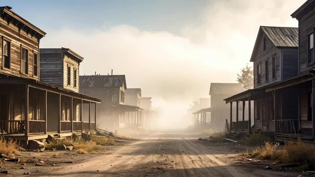 Dusty streetscape with old wooden buildings fading into distant mist on a sunny day, creating a ghost town atmosphere.
