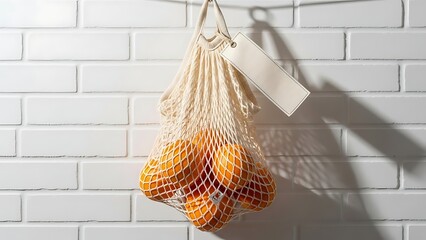 Fresh produce hanging in a reusable mesh bag against a white brick wall, viewed from the front.