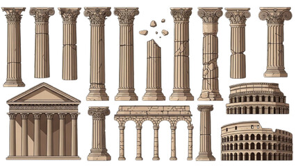 Fototapeta premium Greek Pillars and Roman Columns Vector Set Ancient Architecture Illustration