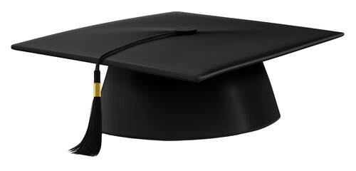 A classic black graduation cap with a gold tassel on a white isolated background.