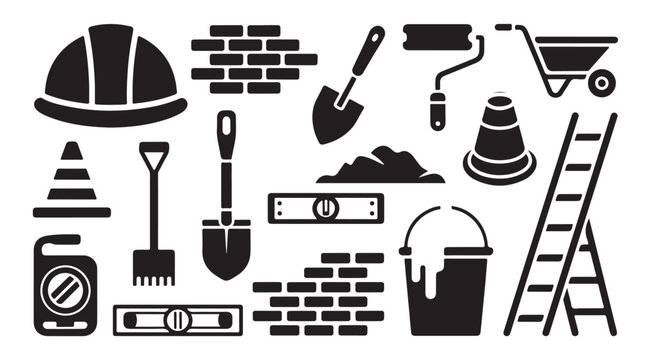 Building construction equipment icon collection monochrome silhouette shovel bricks level bucket ladder wheelbarrow vector symbols