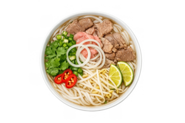 Delicious vietnamese pho bowl with beef, lime, and fresh herbs - perfect for food menu design or culinary poster