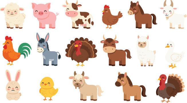 Cute farm animals vector illustration set with cow pig sheep chicken horse turkey and barnyard characters