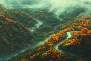 Serpentine road through misty autumn forest hills