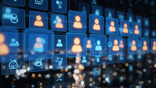 Abstract digital network grid with glowing people icons against a bokeh city lights background.