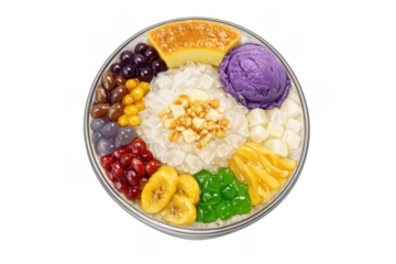 Colorful halo-halo dessert composition for culinary art and menu design