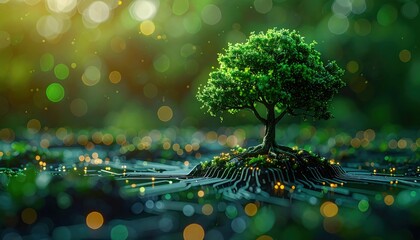 Lush green tree growing from a complex electronic circuit board representing the harmony between nature and technology
