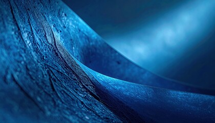 Abstract macro view of deep blue liquid textures with swirling waves and shimmering light reflections on metallic surface