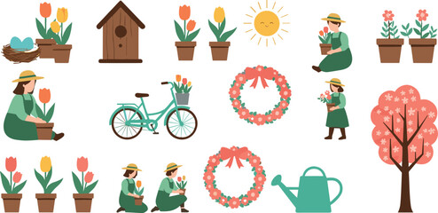 Fototapeta premium Spring gardening vector illustration set with flowers wreaths bicycle watering can and people planting plants