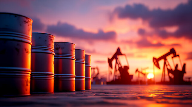 Oil barrels and oil pumpjacks against a sunset sky background