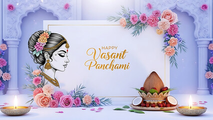 Indian woman profile with flowers and Vasant Panchami text 1
