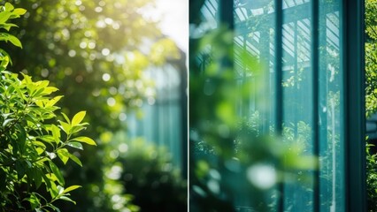 Blurred image of a green fence surrounded by lush foliage