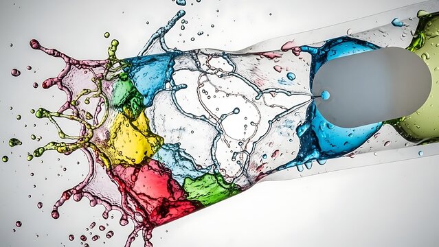 Colorful water balloons splashing in mid-air, showcasing vibrant packaging concept with dynamic liquid motion