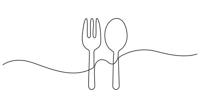 Video. Spoon, fork and knife continuous one line cutlery pattern for logos, business cards, banners. Full length one line art 4K animation