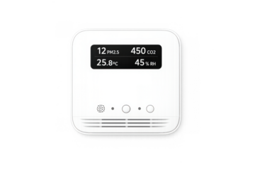 Modern air quality monitor displaying temperature, humidity, pm2.5, and co2 levels for indoor environment design