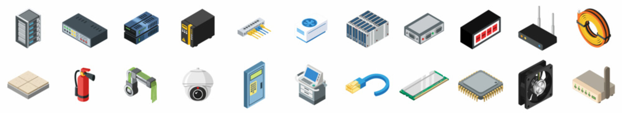 Data center, networking, and IT infrastructure isometric icon set featuring servers, routers, security systems, and hardware components.
