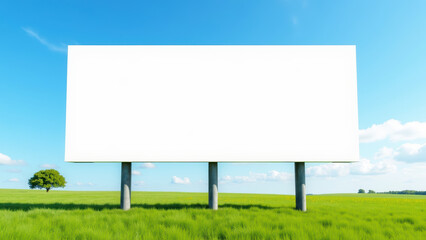 Large blank billboard stands green field clear blue sky, surrounded by lush grass and solitary tree. This scene evokes sense of openness