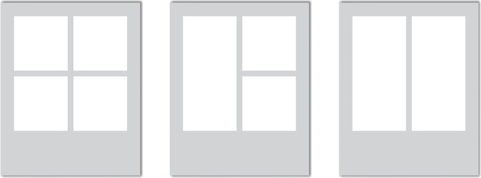Blank polaroid photo collage frames report film Vector Set. Empty white picture camera frame templates with single and multi photo collage layouts on grey background. Photography, and portfolio.