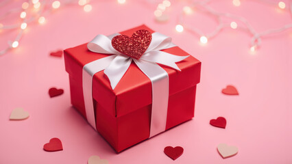 Vibrant red gift box adorned with white ribbon and glittery heart sits soft pink background, surrounded by small heart shaped decorations