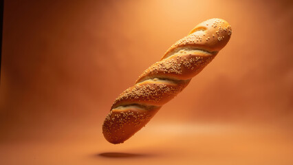 Freshly baked bread loaf with sesame seeds, floating against warm background, showcasing its texture and golden color