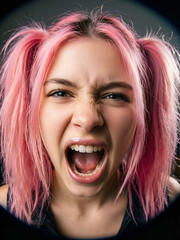 Raw emotion: Distorted lens portrait of a female with messy pastel hair shouting at camera.