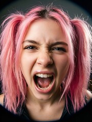Authentic youth culture concept: Close-up of young woman making a loud, chaotic expression.