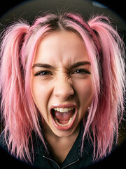 Hyper-dynamic fisheye portrait of Gen Z woman with pink pigtails screaming with direct flash.