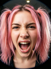 Hyper-dynamic fisheye portrait of Gen Z woman with pink pigtails screaming with direct flash.