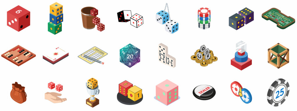 Isometric icon set showcasing various dice games, gambling elements, and board game accessories like chips, dominoes, and casino equipment on a white background.