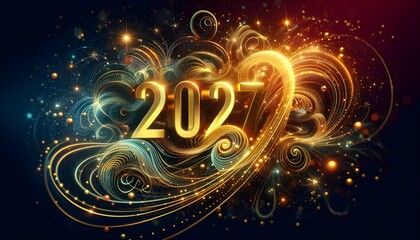 Artistic golden 2027 text with blue green spiral light lines on dark gradient background. AI Generated, Generative AI
