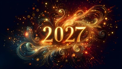 Shiny golden 2027 typography surrounded by swirling colorful vortex light and sparkling particle stars. AI Generated, Generative AI