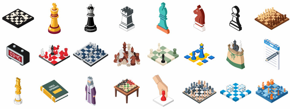 Isometric Chess Game Icons Set: Collection of Chess Pieces, Boards, Clocks, Strategy, and Gaming Elements for Design and Education.