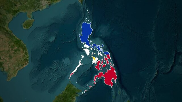 Philippines map with colored regions on dark blue ocean background