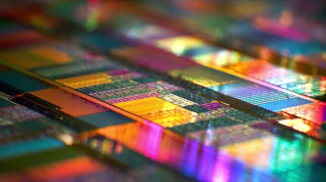 Colorful glowing semiconductor wafer with intricate microchip circuit patterns and light reflections (AI Generated)