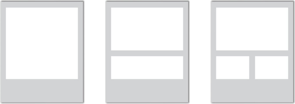 Blank polaroid photo collage frames report film Vector Set. Empty white picture camera frame templates with single and multi photo collage layouts on grey background. Photography, and portfolio.