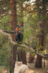 The boy climbed a tree, and the dog looks at him